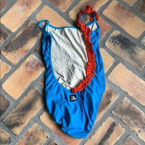 Jo+Jax leotard, blue and orange ruffle